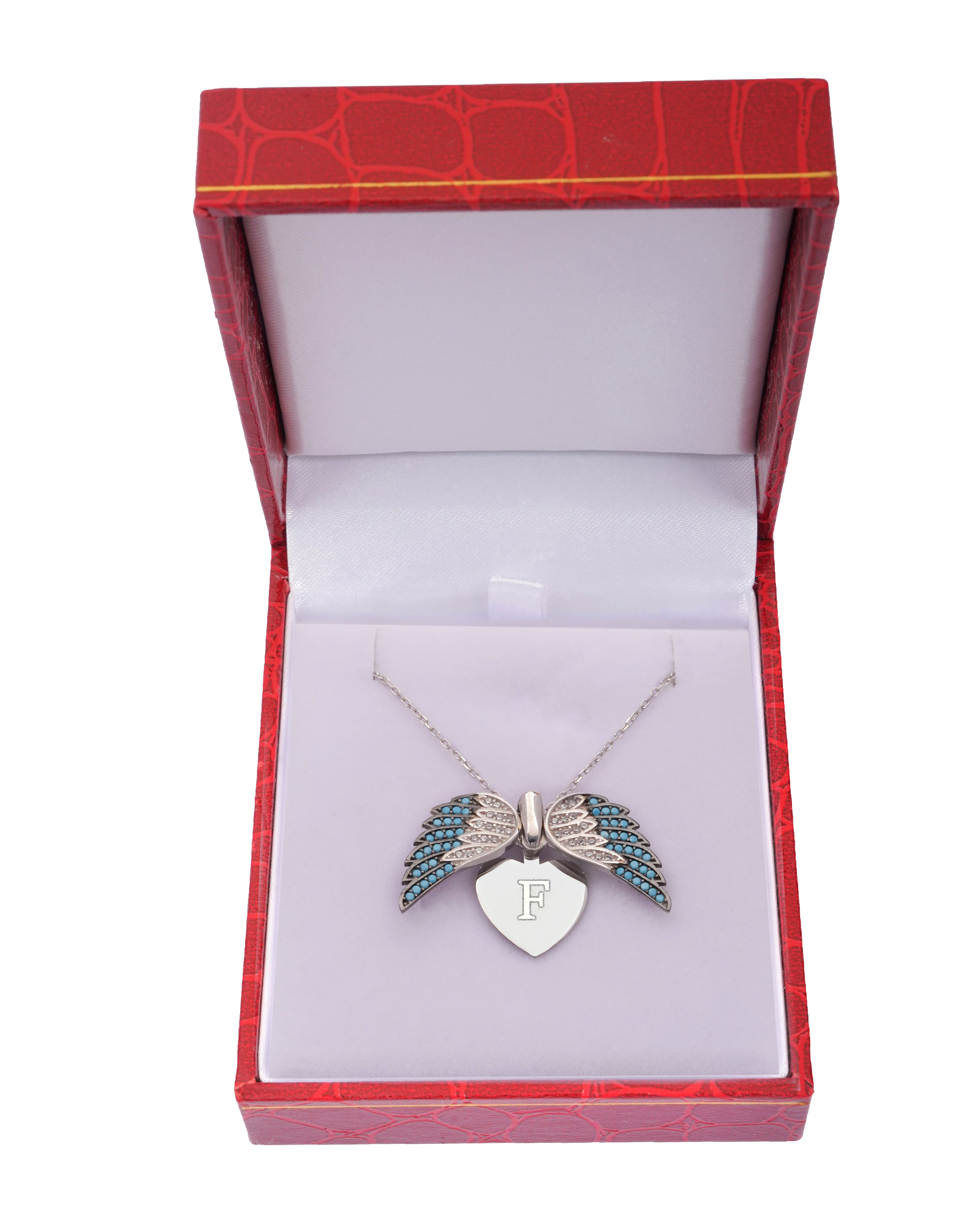 925 Silver Personalized Custom Angel Wings Name Necklace (Blue Stones) - Leona Jewelry