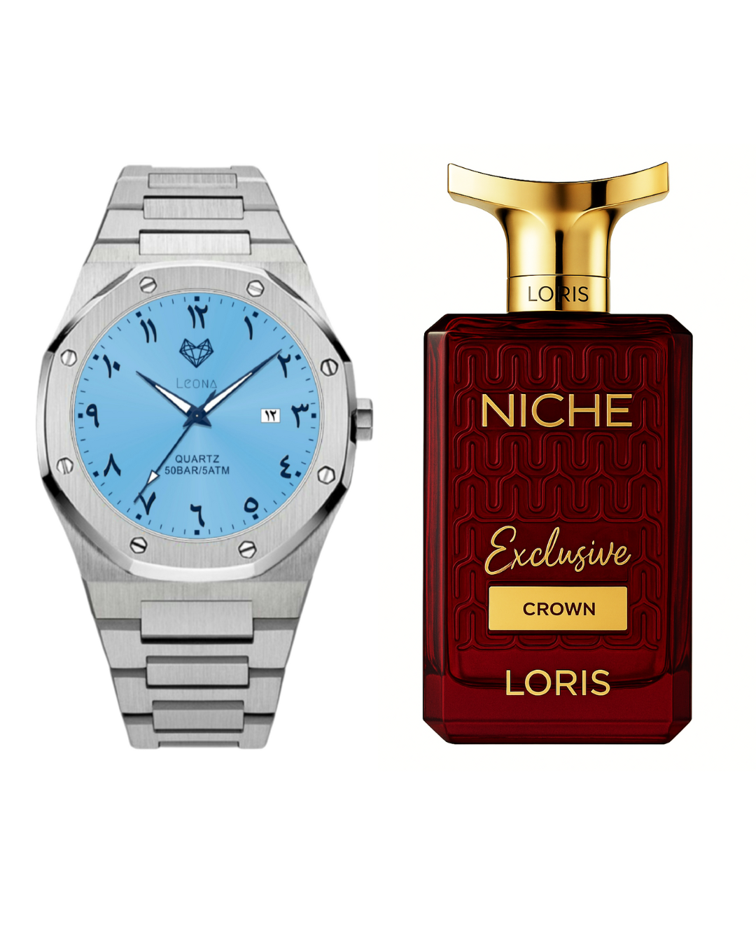 ساعة رويال رجالية أزرق + عطر كراون سموكي ليذر عنبر المجموعة الحصرية مستخلص العطر - مجموعة هدية