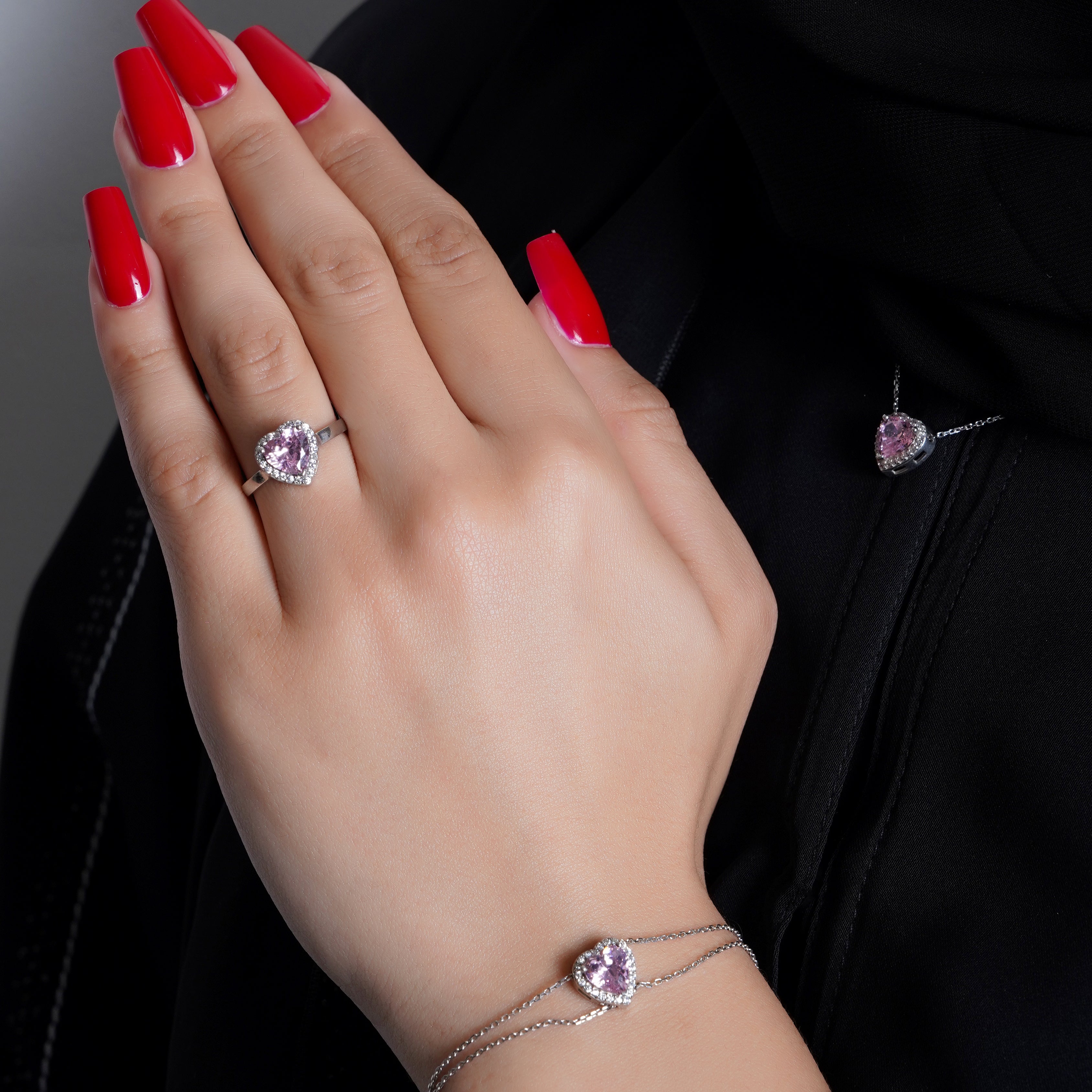 925 Silver Pink Heart Jewelry Set (Silver) - Leona Jewelry