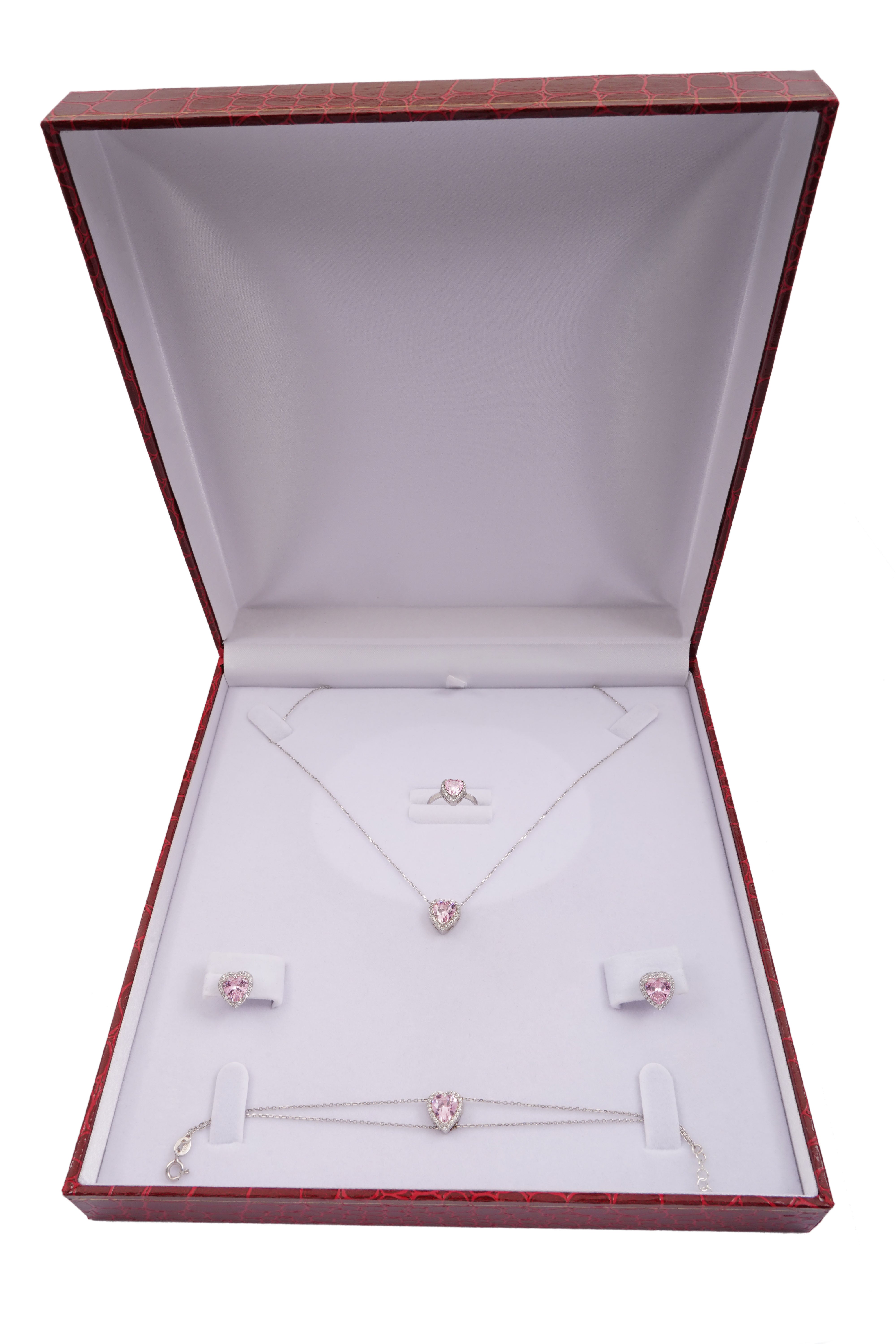 925 Silver Pink Heart Jewelry Set (Silver) - Leona Jewelry