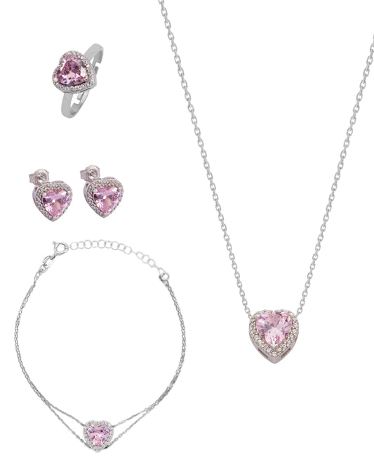 925 Silver Pink Heart Jewelry Set (Silver)