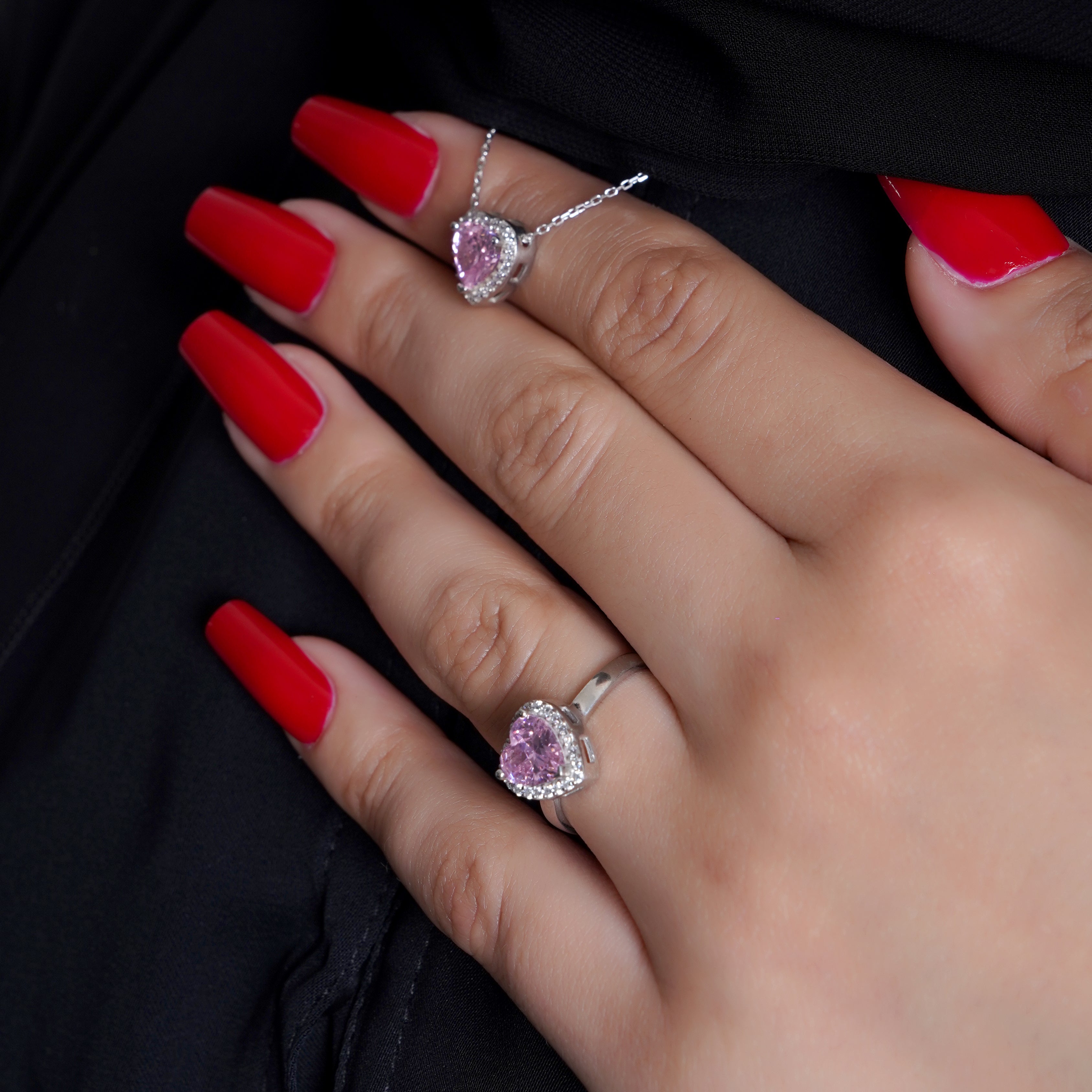 925 Silver Pink Heart Jewelry Set (Silver) - Leona Jewelry