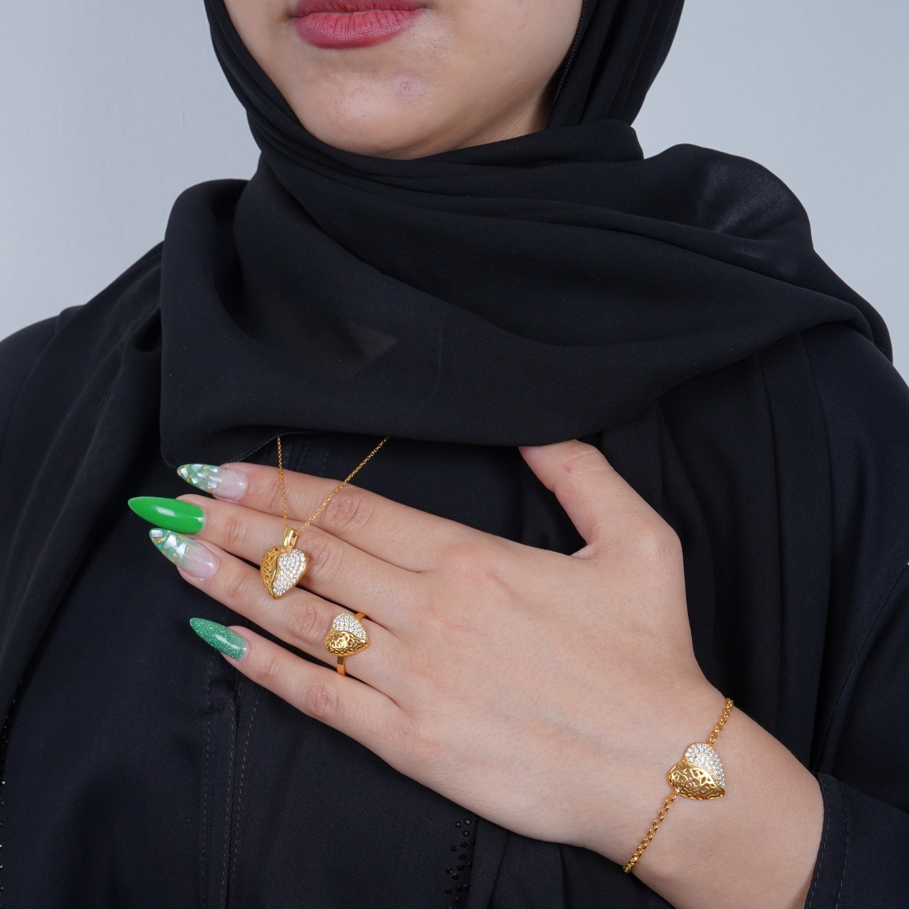 925 Silver Personalized Custom Golden Heart Jewelry Set - Leona Jewelry