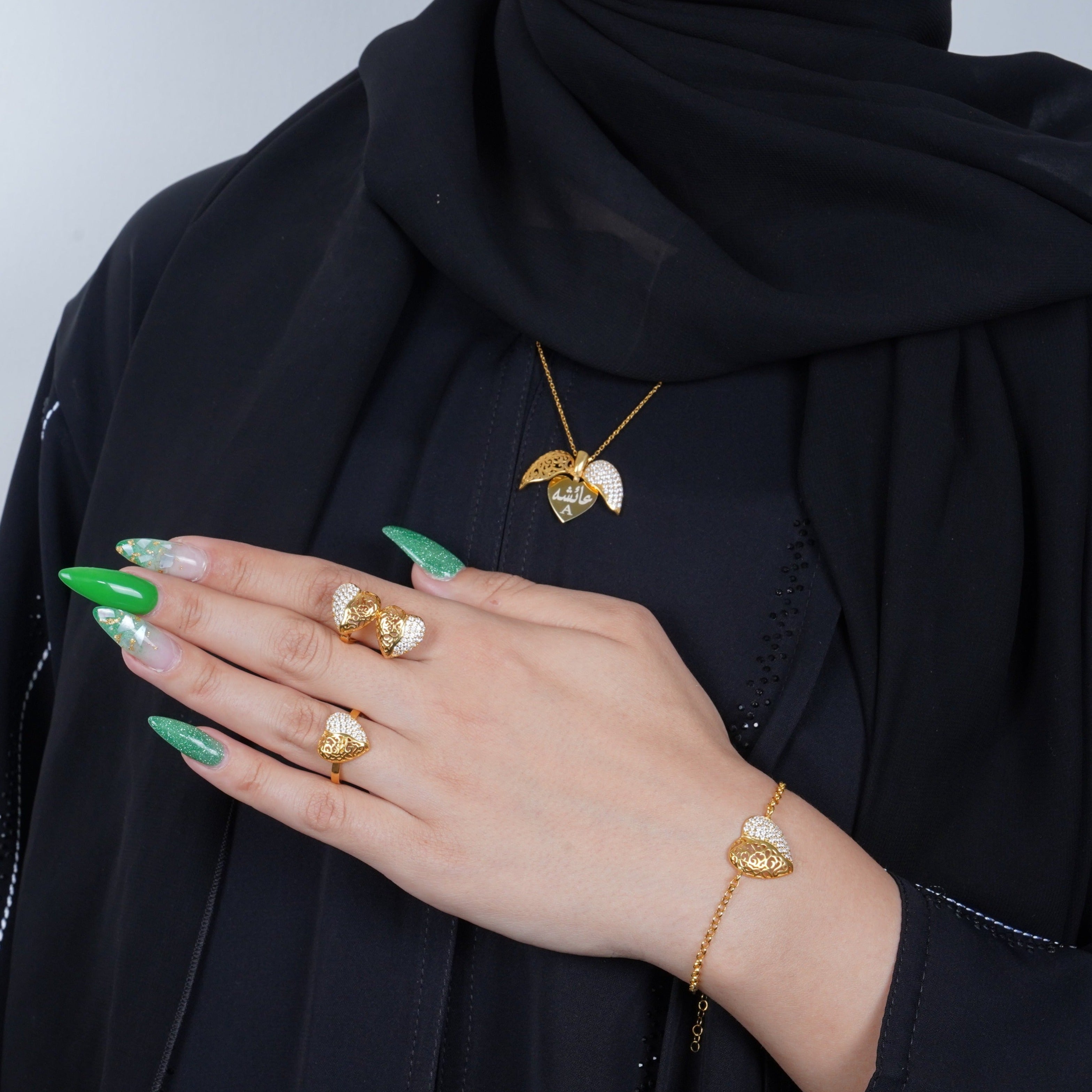 925 Silver Personalized Custom Golden Heart Jewelry Set - Leona Jewelry