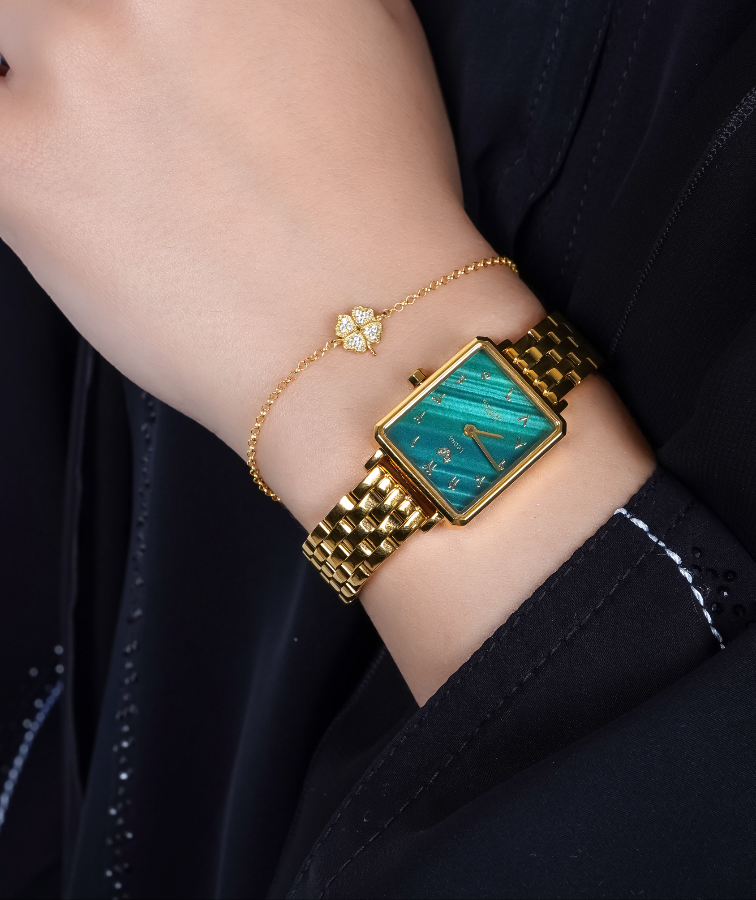 Elegance Watch Green Malachite Gold Plated