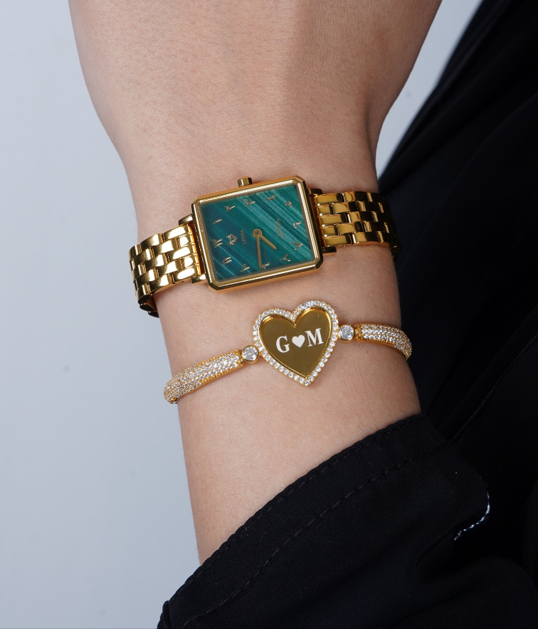 Elegance Watch Green Malachite Gold Plated