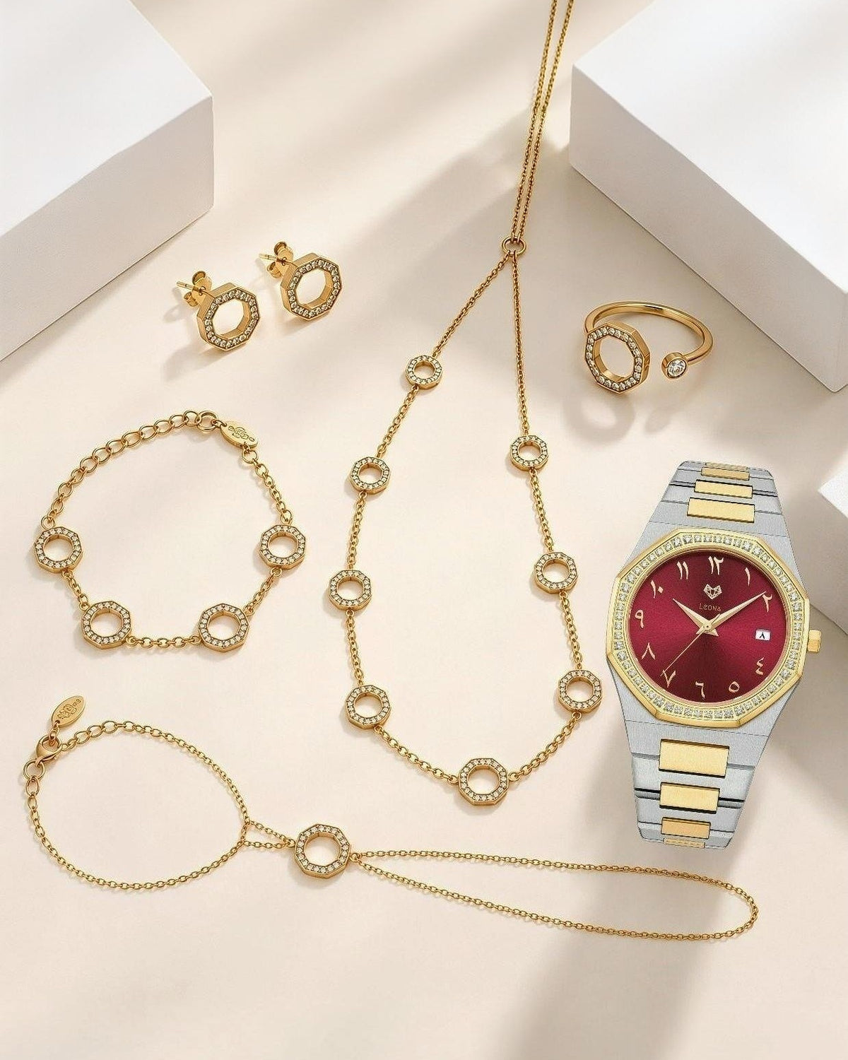 Marquise Burgundy Red + 5 Pieces Fine 925 Silver Jewelry Set