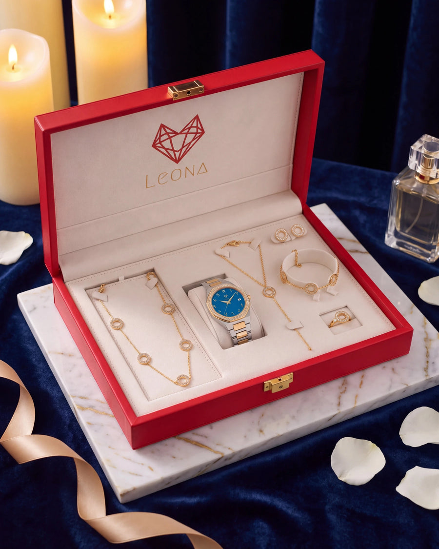 Marquise Blue set open in its luxury red box