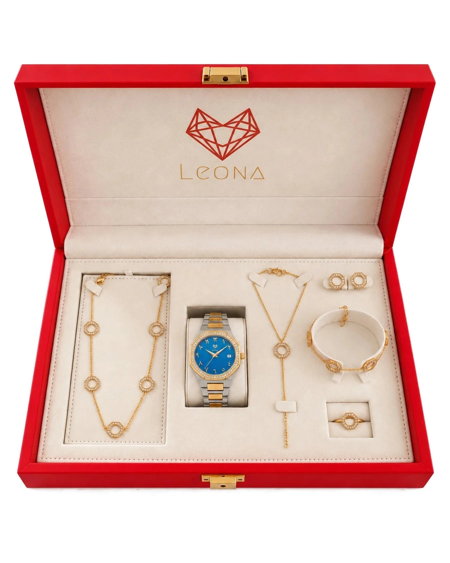 The Marquise Blue set in its red Leona gift box: watch, necklace, hand chain, bracelet, earrings and ring