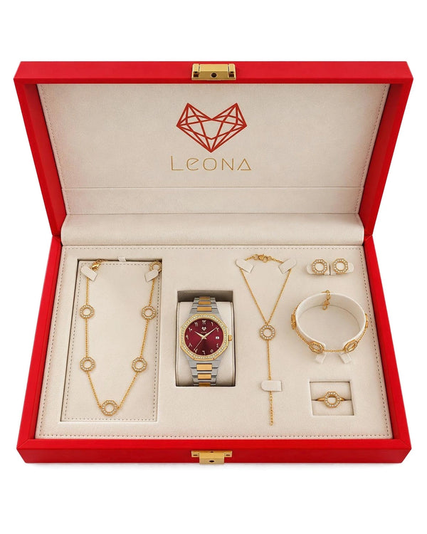 Marquise Burgundy Red + 5 Pieces Fine 925 Silver Jewelry Set