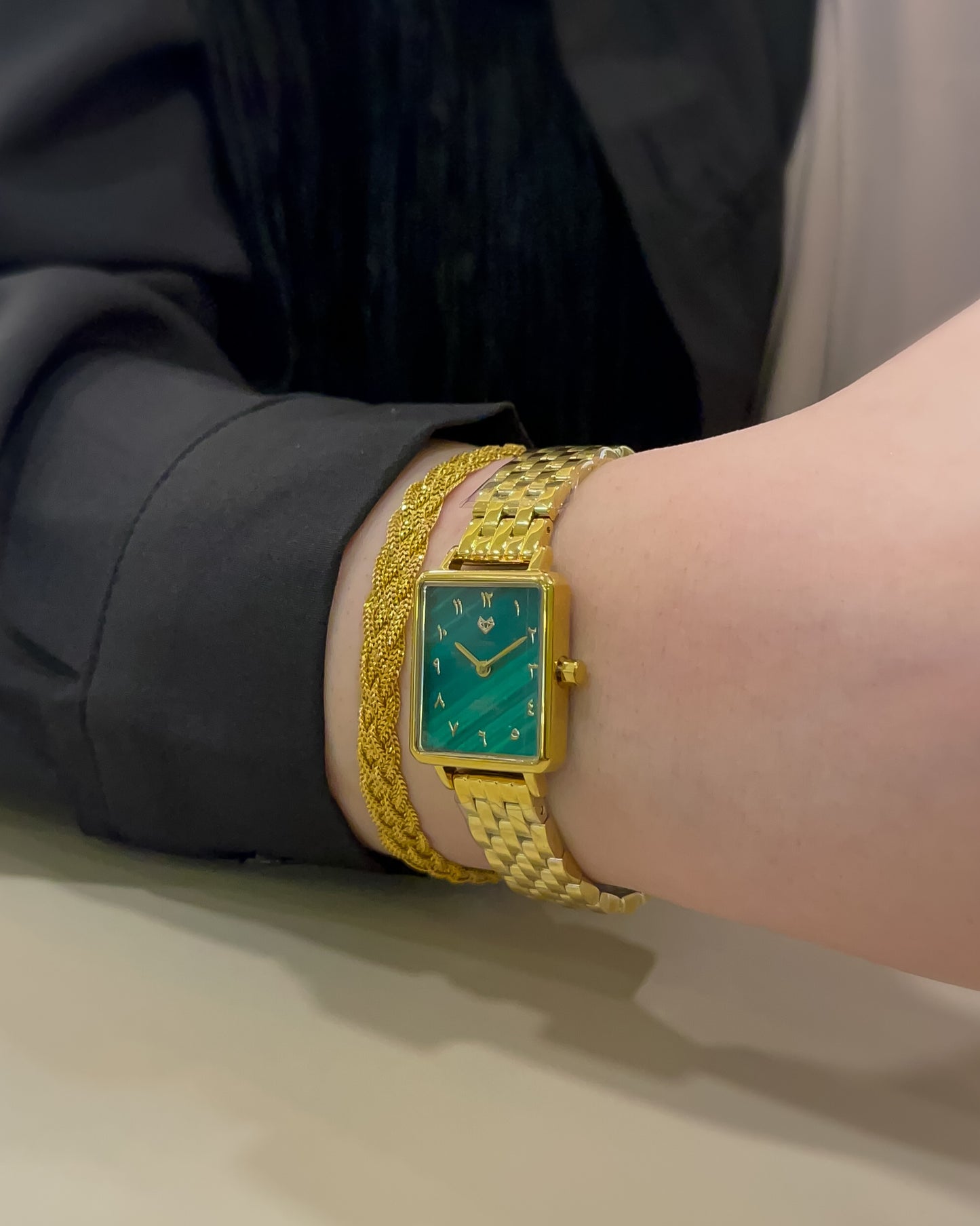 Elegance Watch Green Malachite Gold Plated