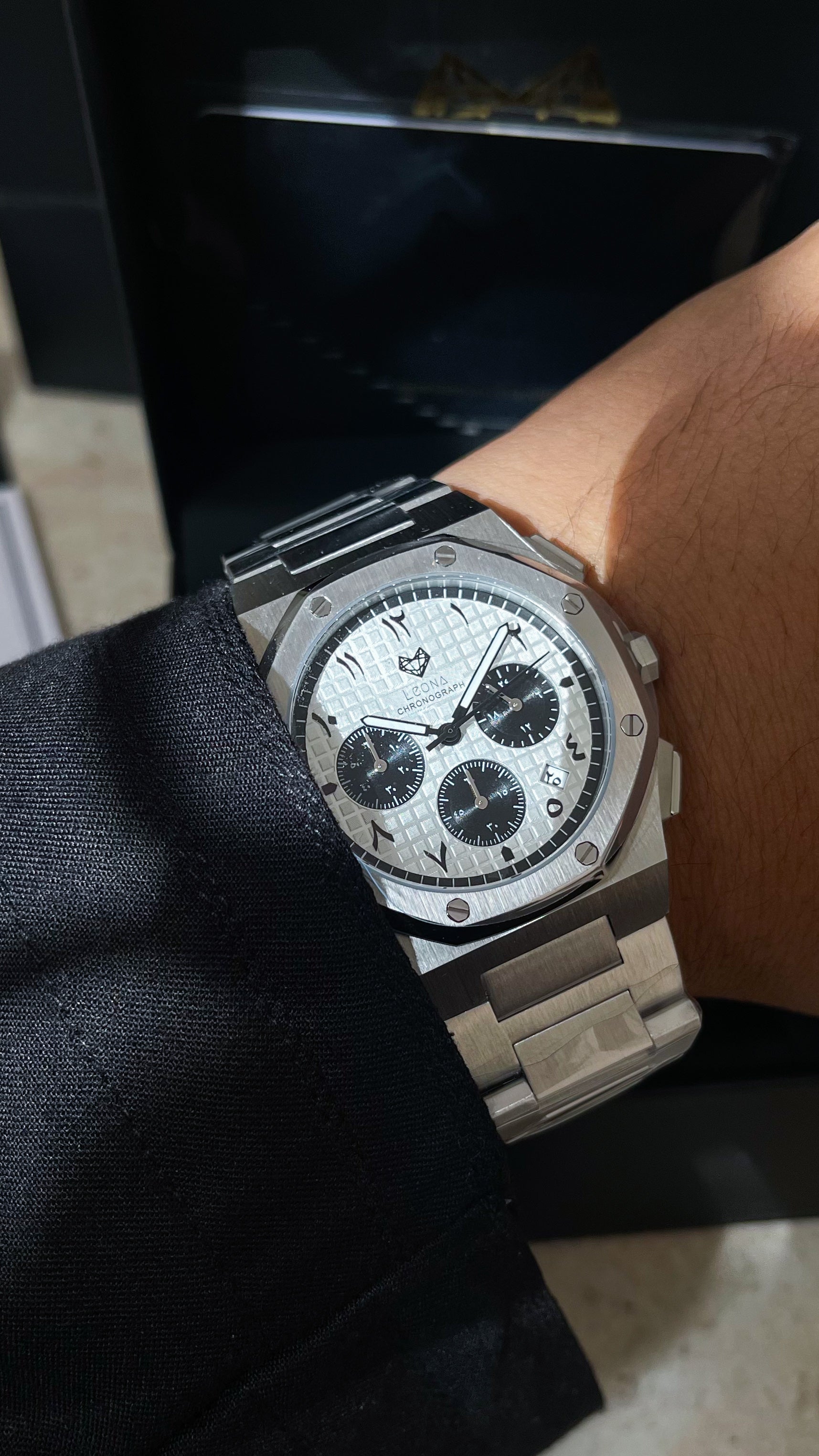 Royal Chronograph Men's Watch White (Panda) – 40mm Arabic Dial, Full Steel, Japanese Quartz ,Waterproof - Leona Jewelry