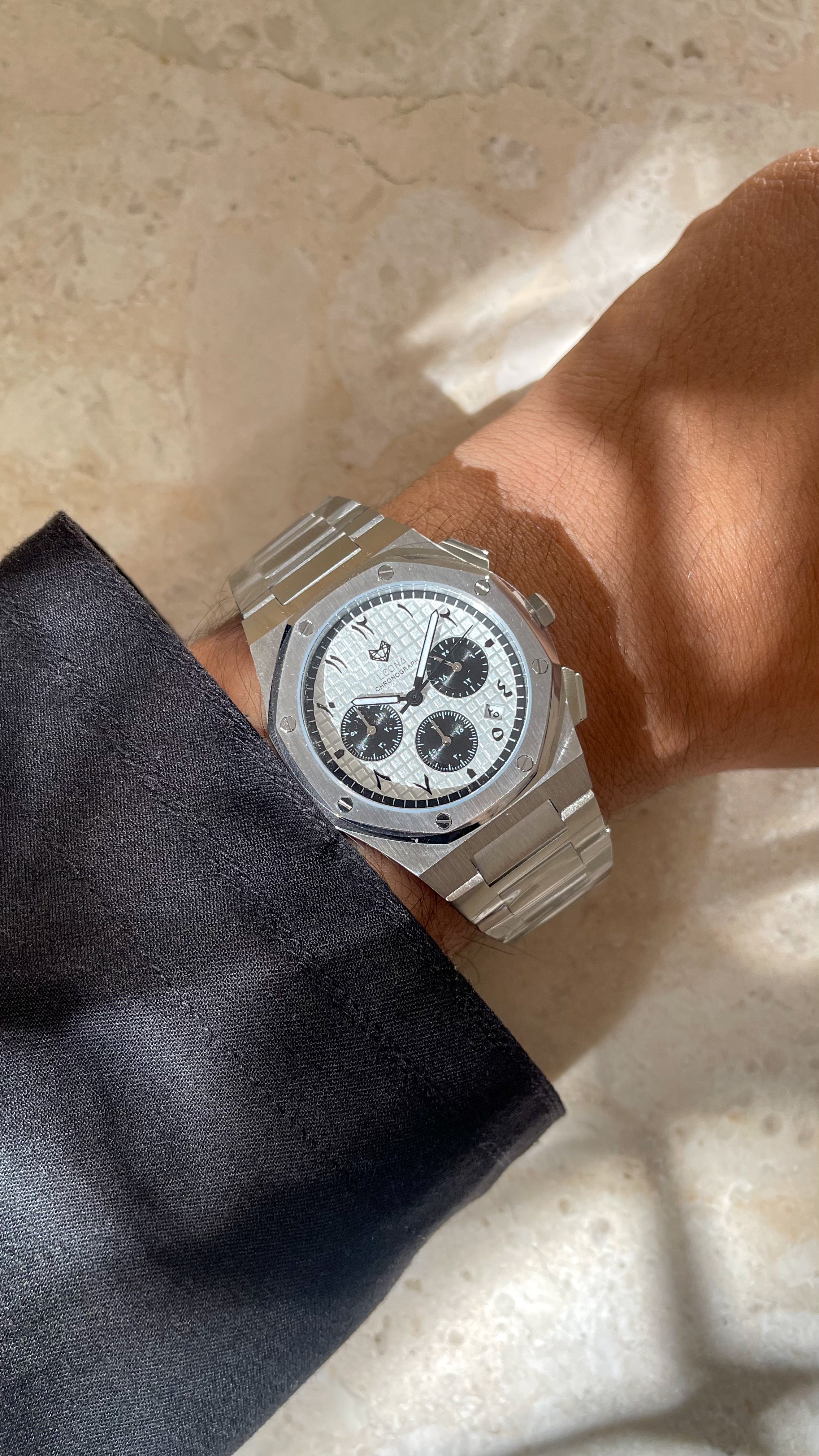 Royal Chronograph Men's Watch White (Panda) – 40mm Arabic Dial, Full Steel, Japanese Quartz ,Waterproof - Leona Jewelry