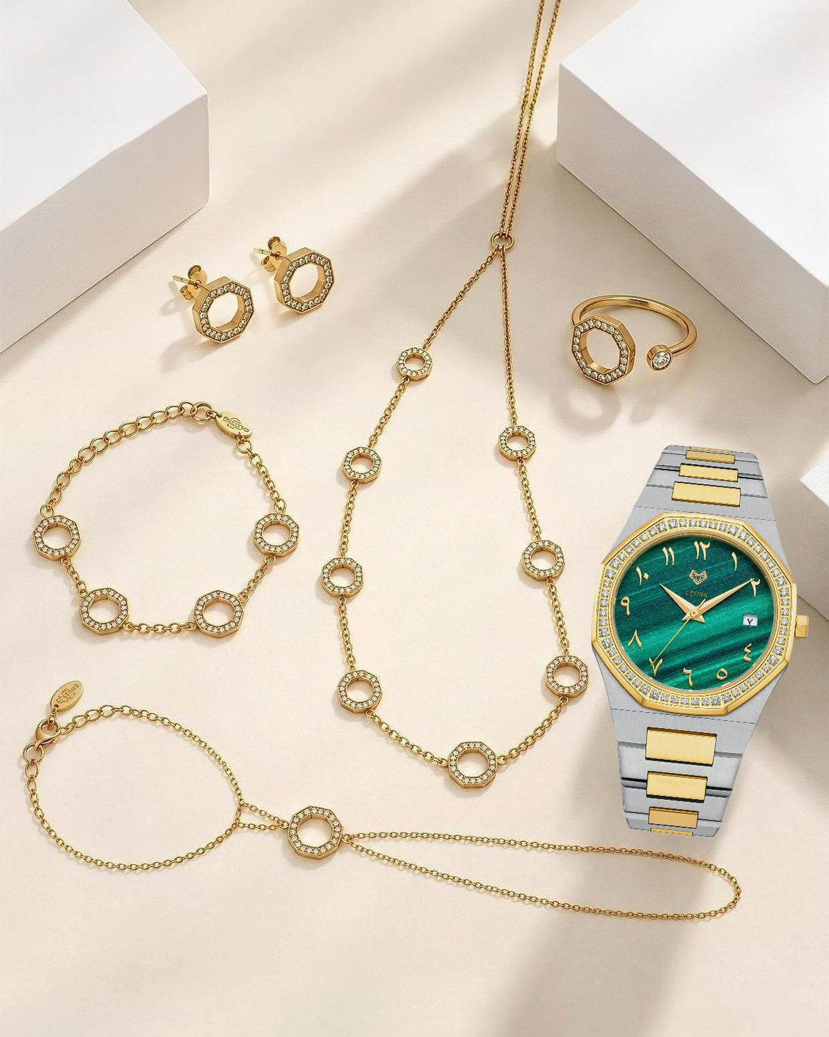 Marquise Malachite Green + 5 Pieces Fine 925 Silver Jewelry Set