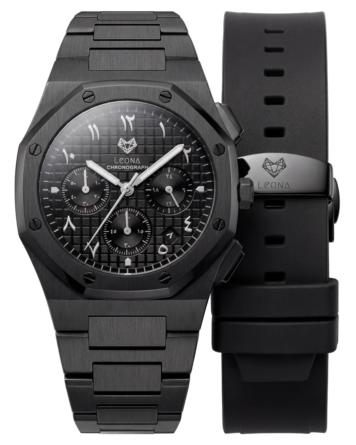 Black watch with detailed face and matching band on a light gray background