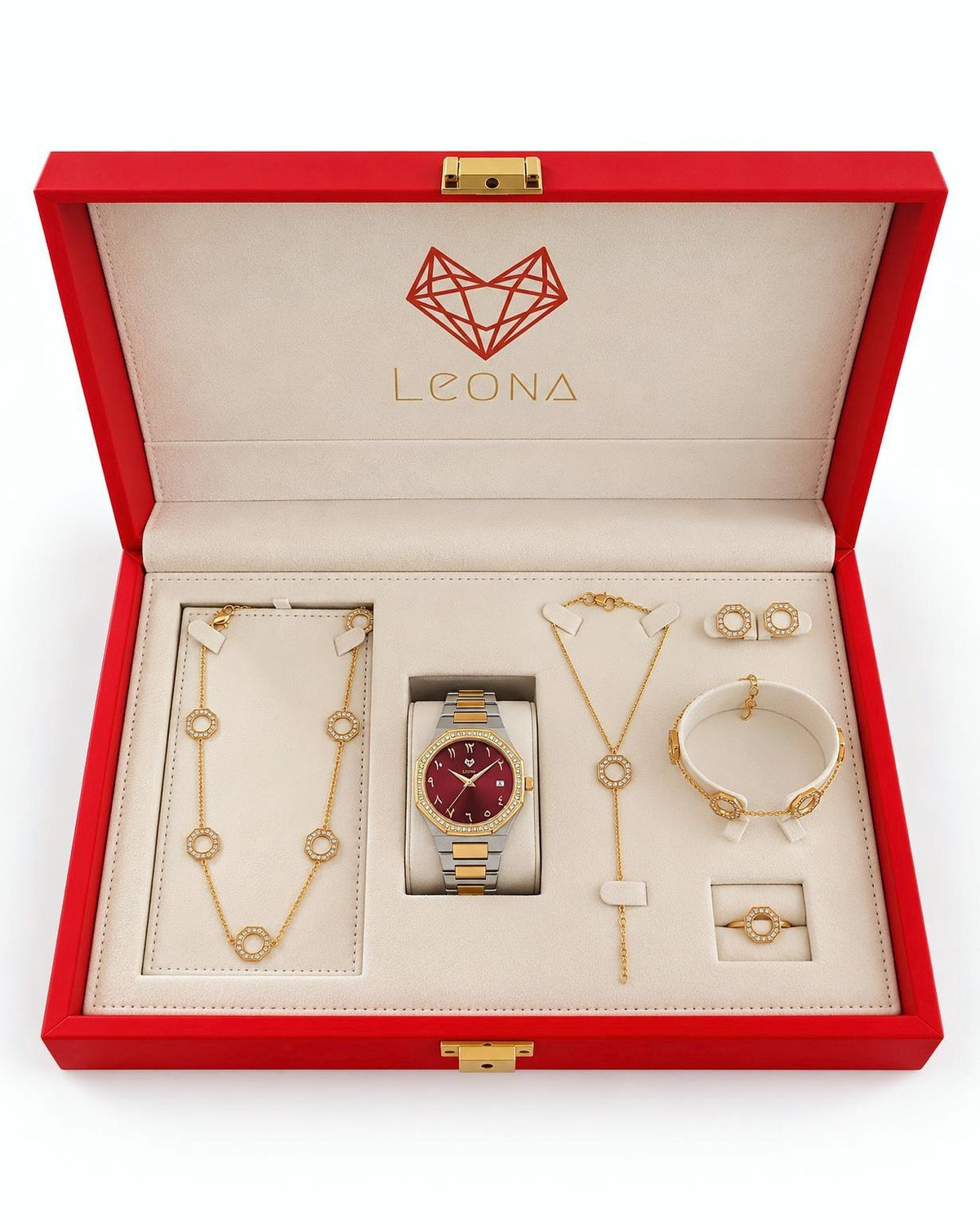 Marquise Burgundy Red + 5 Pieces Fine 925 Silver Jewelry Set