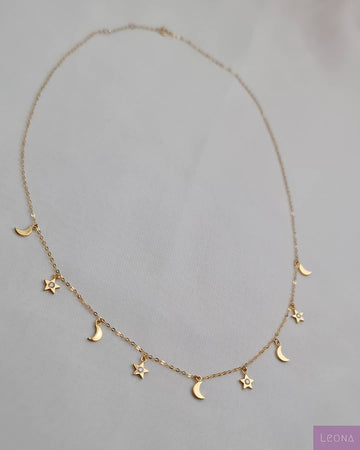 18K Gold Moon & Stars Necklace - Leona Jewelry